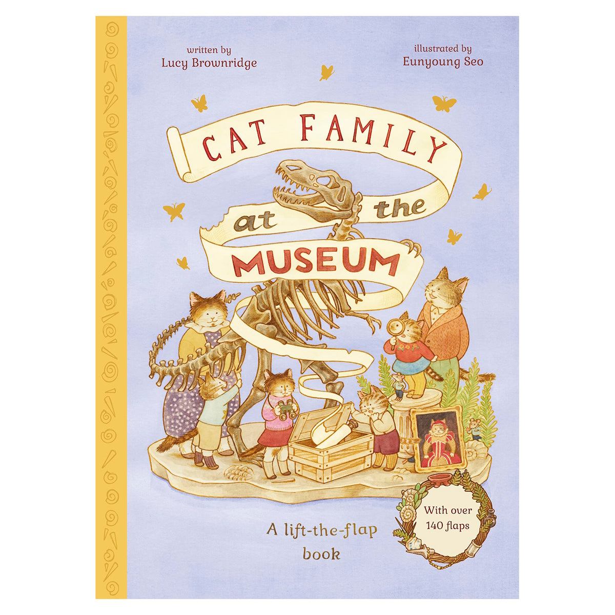 Illustrated book cover for Cat Family at the Museum with a dinosaur skeleton and cats.
