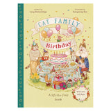 Book cover for Cat Family Birthday, a lift-the-flap book featuring illustrated cats celebrating around a cake.