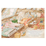 Illustrated children's book page showing an attic bedroom with twin kittens waking up in their beds.