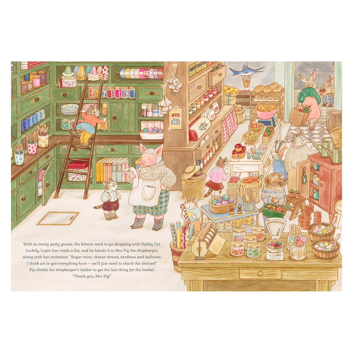 Illustrated children's book page showing characters shopping in a crowded village store with shelves and goods.