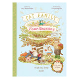 Cat Family Four Seasons lift-the-flap children's book cover by Lucy Brownridge, featuring cats around a seasonal oak tree.