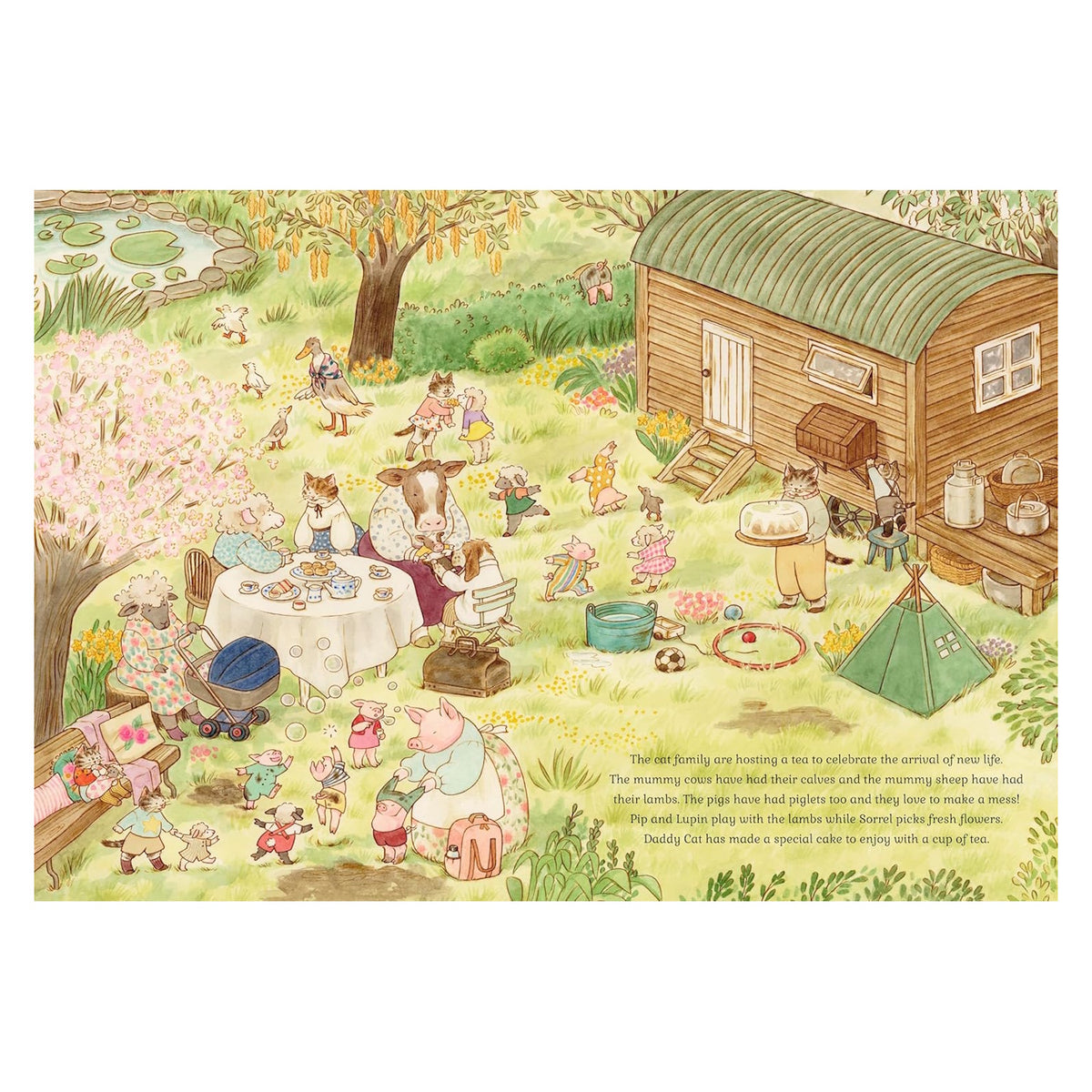 Illustration of a cat family tea party in a meadow with farm animals, blossoms, and a shepherd's hut.