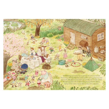 Illustration of a cat family tea party in a meadow with farm animals, blossoms, and a shepherd's hut.