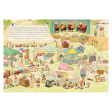 Whimsical children's book illustration of a busy animal village spring fair with tents, games, and an ice cream truck.