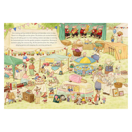 Whimsical children's book illustration of a busy animal village spring fair with tents, games, and an ice cream truck.