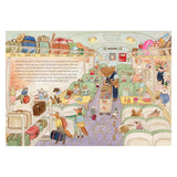 Illustration of anthropomorphic animals on a train from the Cat Family Four Seasons book. Busy summer travel scene.