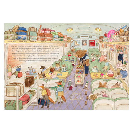 Illustration of anthropomorphic animals on a train from the Cat Family Four Seasons book. Busy summer travel scene.