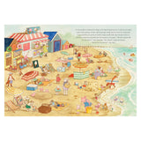Whimsical illustration of a cat family at a busy beach with sandcastles, ice cream shops, and animals swimming in the ocean.