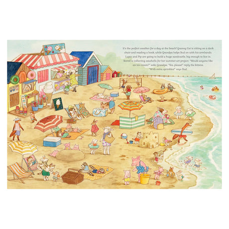 Whimsical illustration of a cat family at a busy beach with sandcastles, ice cream shops, and animals swimming in the ocean.