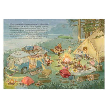 Illustration of cat and fox families camping by a lake, toasting marshmallows around a campfire near a blue camper van.