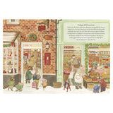 Illustration of an animal village preparing for Christmas. Animals shop and walk in a snowy, festive street lined with storefronts decorated with wreaths.