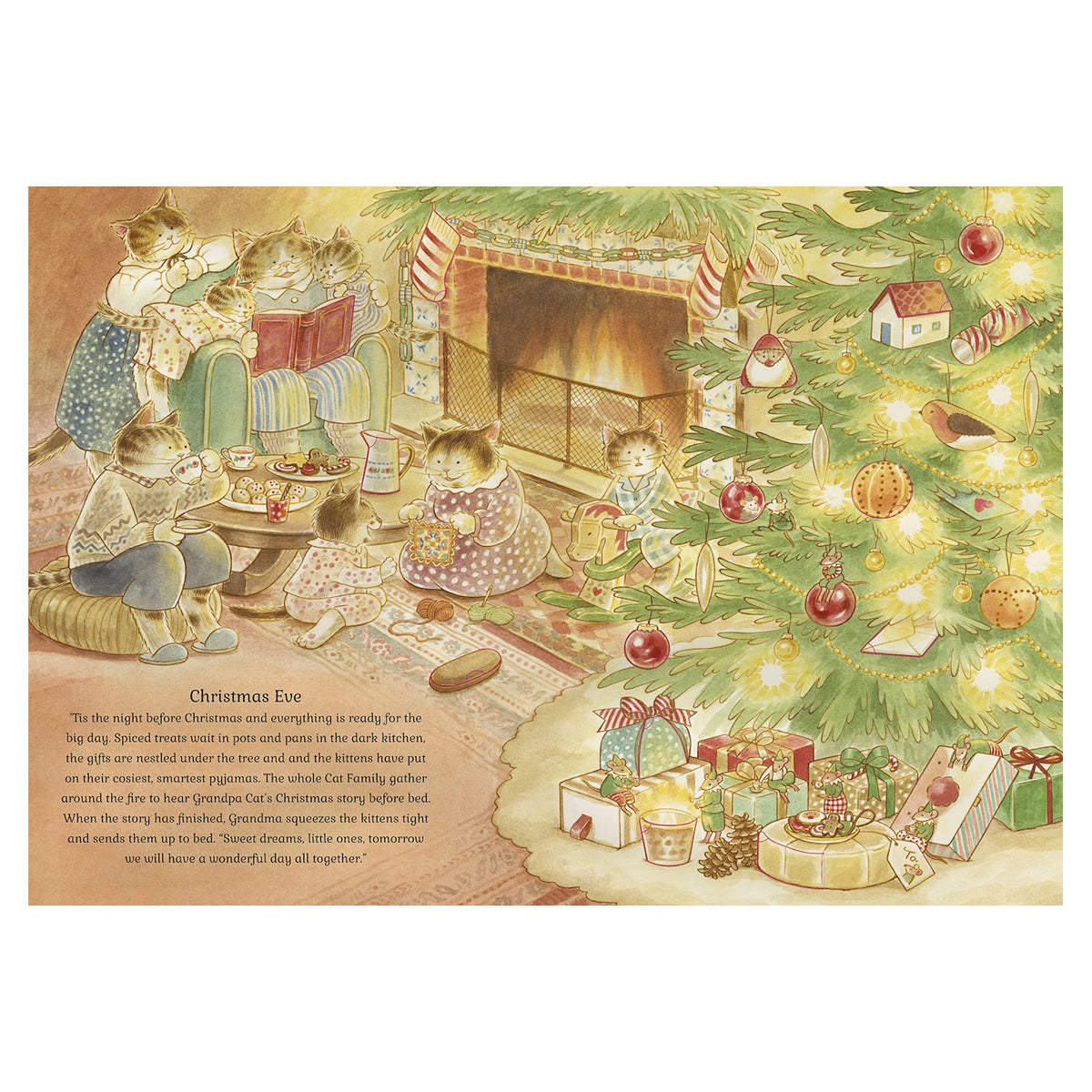 Illustration of cats celebrating Christmas Eve by a fireplace, surrounded by festive decorations and presents under a lit tree. Cozy and joyful atmosphere.