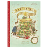 Illustrated book cover titled "Cat Family Christmas" shows cats decorating a Christmas tree with ornaments and a golden star, creating a joyful, festive scene.