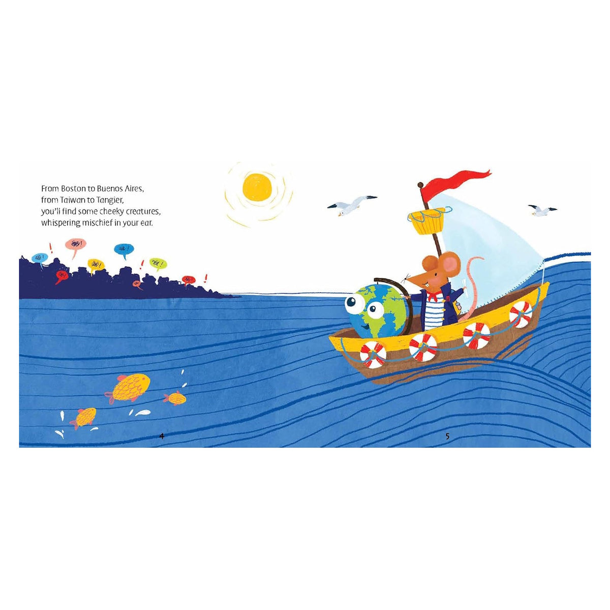 Children's book spread with a mouse in a boat with a globe, sailing across blue water towards a city.