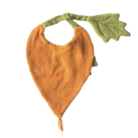 Orange carrot-shaped baby bib with a green leaf strap and fringe tip on a white background.