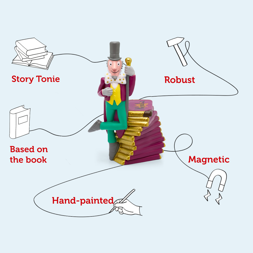 A whimsical figure of a smiling man in a top hat stands atop golden books.