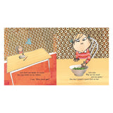 Illustration of Lola from Charlie and Lola refusing a bowl of peas. Children's book page with whimsical collage art style.
