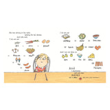 Illustration from Charlie and Lola showing Lola at a table with a list of foods she refuses to eat, including tomatoes.