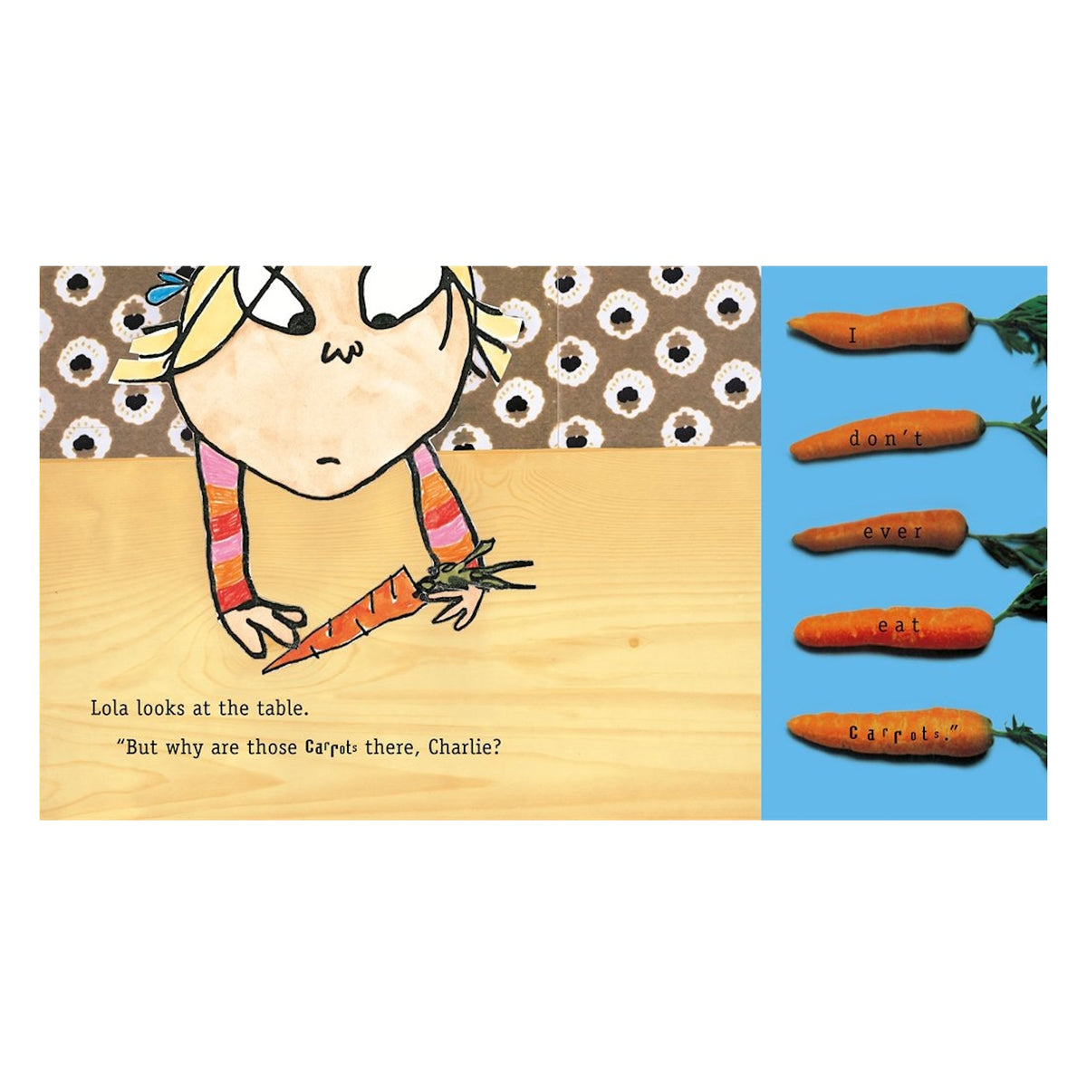 Illustration of Lola from Charlie and Lola looking at a carrot, with five carrots on a blue background labeled with text.