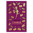Purple clothbound book cover with gold illustrations of Wonka bars, candies, and a boy holding a golden ticket.