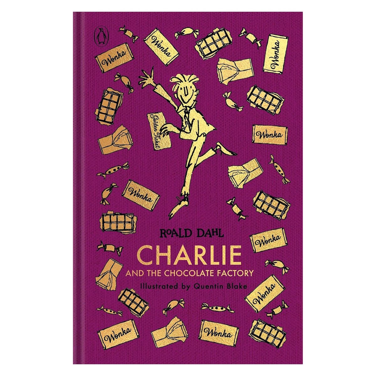 Purple clothbound book cover with gold illustrations of Wonka bars, candies, and a boy holding a golden ticket.