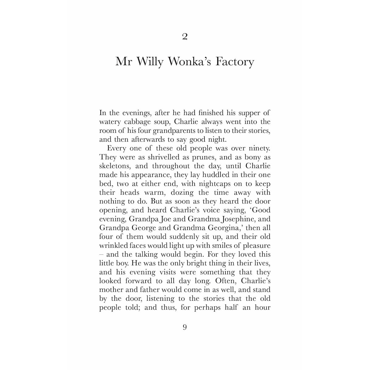 Page 9 of the book featuring Chapter 2, "Mr Willy Wonka's Factory," and body text about Charlie.