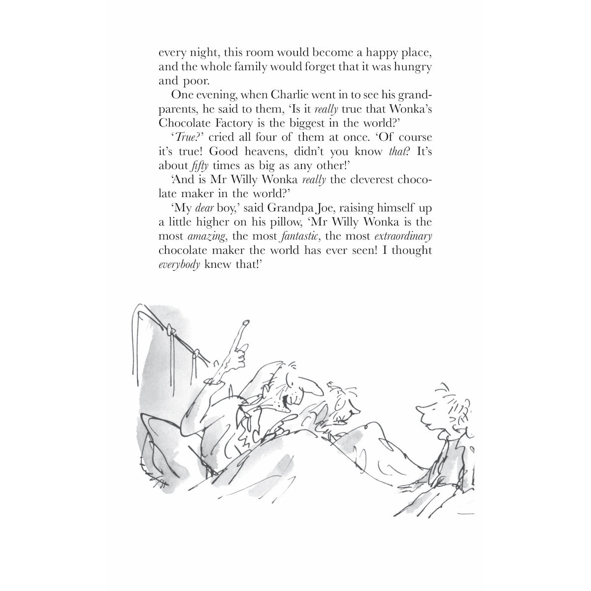 A book page showing text about Wonka's factory and an illustration of grandparents in bed talking to a boy.