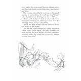 A book page showing text about Wonka's factory and an illustration of grandparents in bed talking to a boy.