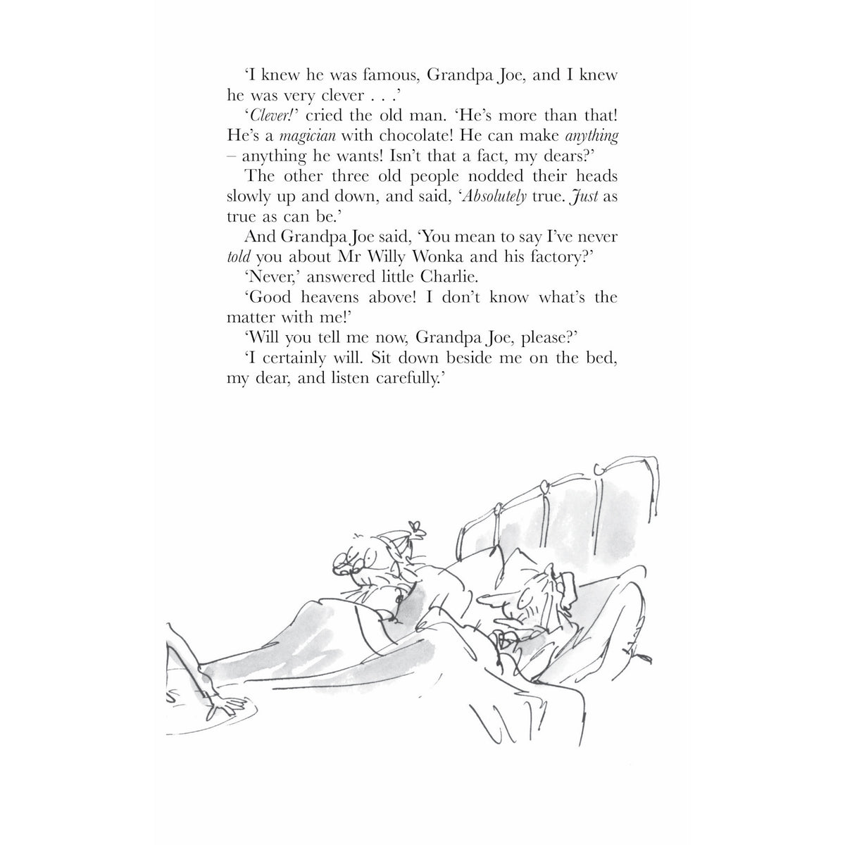 Book page with text about Willy Wonka and an illustration of Charlie sitting by the bed with his grandparents.