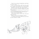 Book page with text about Willy Wonka and an illustration of Charlie sitting by the bed with his grandparents.