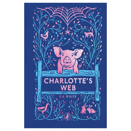 Charlotte's Web book cover featuring a pink pig, spider web, and farm animals in a blue and pink folk-art style.