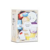 Packaging box for wooden toy cheese and dairy market crate set on a white background.