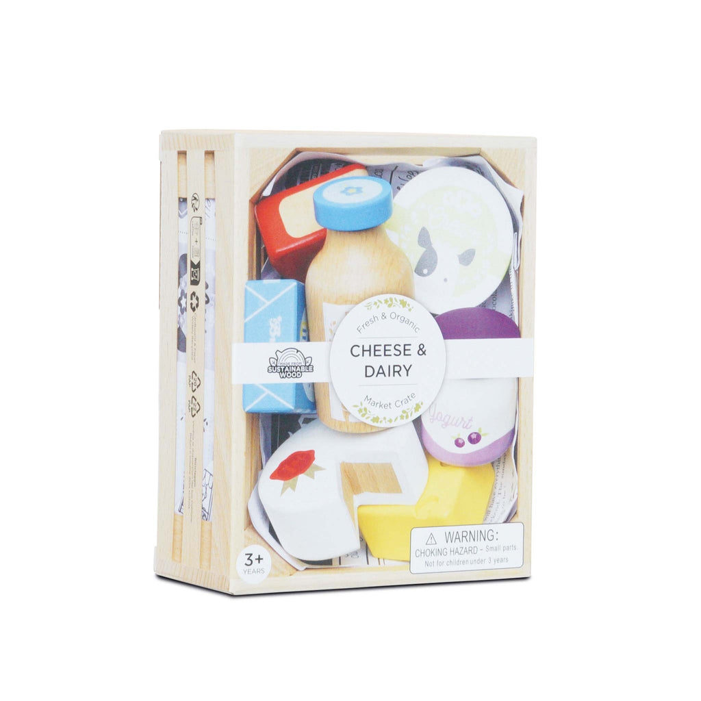 Toy cheese and dairy set in a wooden crate, featuring colorful wooden toy milk, cheese, and yogurt. Labeled "Cheese & Dairy" for ages 3+.
