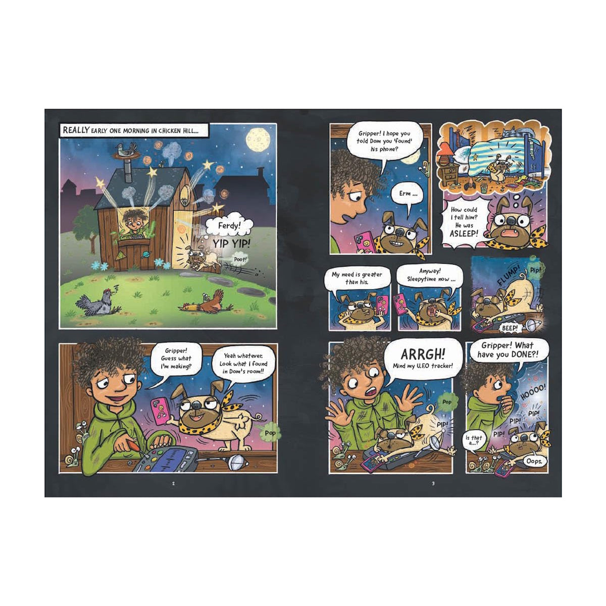 Comic page showing a boy and a mischievous dog in a wooden house at night. The dog causes chaos by playing with a LEGO tracker. Playful and humorous tone.