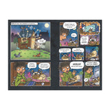 Comic page showing a boy and a mischievous dog in a wooden house at night. The dog causes chaos by playing with a LEGO tracker. Playful and humorous tone.