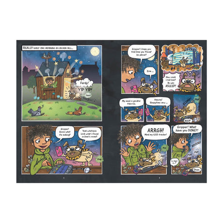 Comic page showing a boy and a mischievous dog in a wooden house at night. The dog causes chaos by playing with a LEGO tracker. Playful and humorous tone.