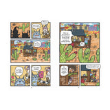 A comic strip showing animated animals reacting to moving cacti in a colorful desert town. Characters express surprise and curiosity. Speech bubbles convey dialogue. The tone is whimsical and humorous.