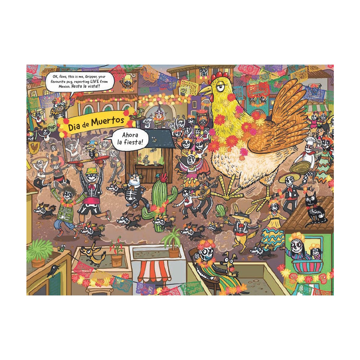 Colorful illustration of a Día de Muertos celebration. Cartoon skeletons and animals dance joyfully under festive banners. A giant chicken with flowers stands among them, adding whimsy to the lively scene.