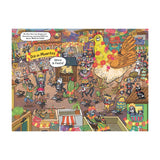 Colorful illustration of a Día de Muertos celebration. Cartoon skeletons and animals dance joyfully under festive banners. A giant chicken with flowers stands among them, adding whimsy to the lively scene.