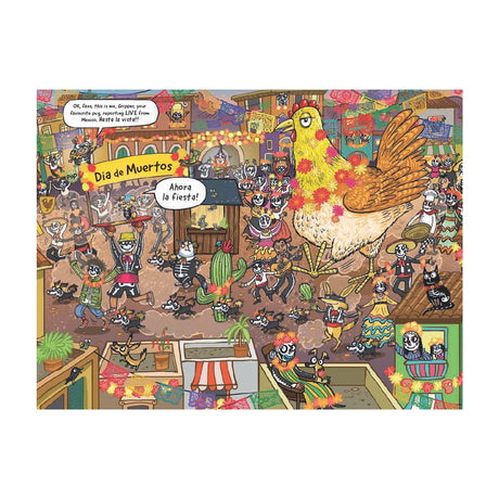 Colorful illustration of a Día de Muertos celebration. Cartoon skeletons and animals dance joyfully under festive banners. A giant chicken with flowers stands among them, adding whimsy to the lively scene.