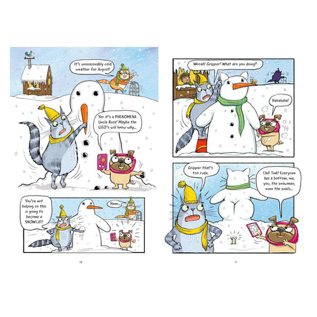 Illustrated comic book pages featuring a cat and pug building a cat-shaped snowman in the snow.