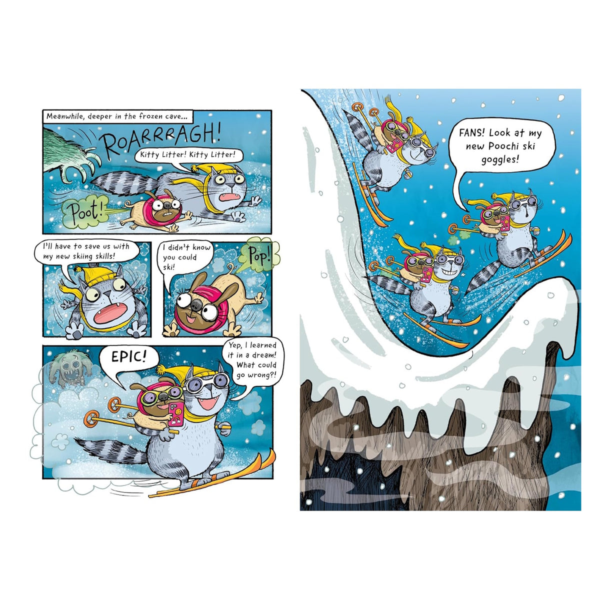 Illustrated comic book page showing a cat skiing down a snowy slope with a pug riding on its back.