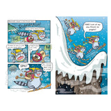 Illustrated comic book page showing a cat skiing down a snowy slope with a pug riding on its back.