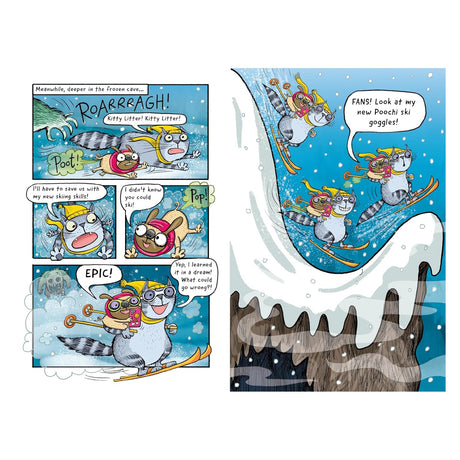 Illustrated comic book page showing a cat skiing down a snowy slope with a pug riding on its back.