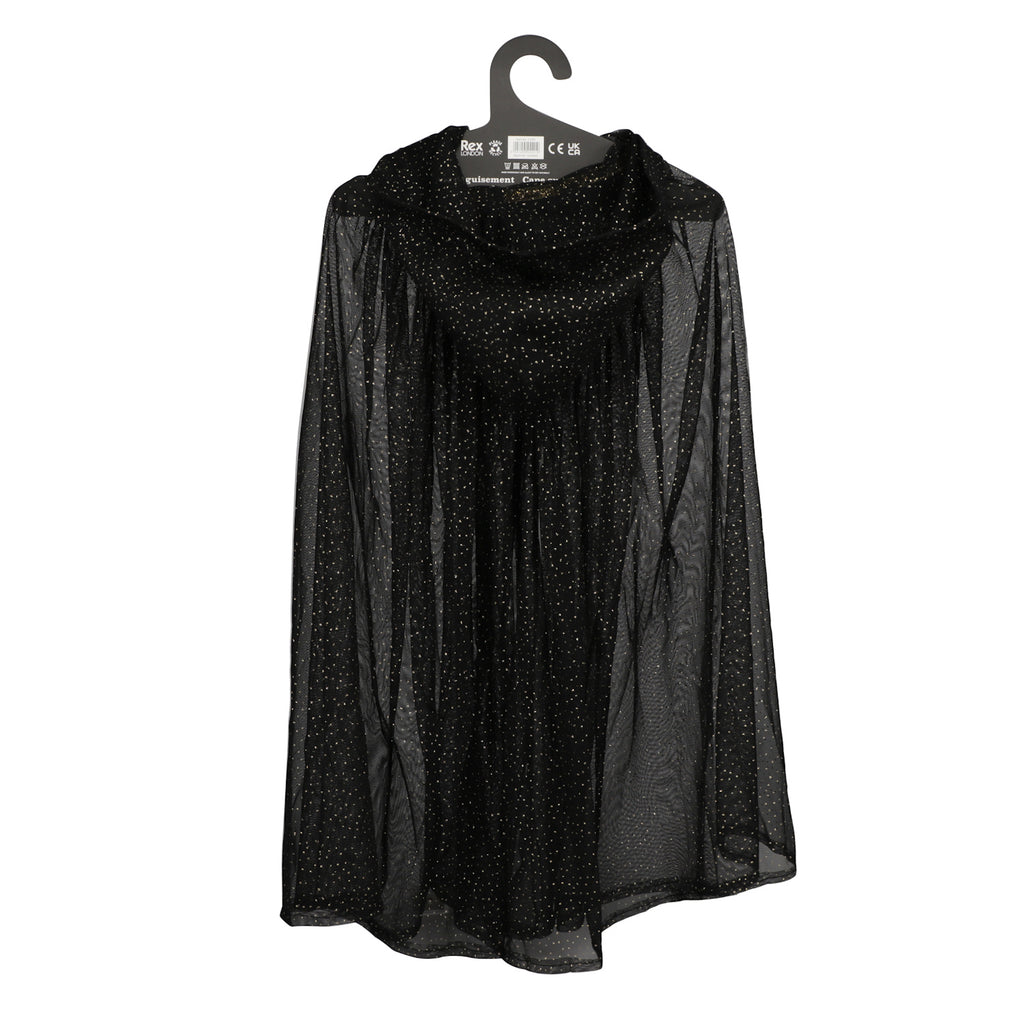 Black sheer cape with gold star clasp, adorned with subtle shimmering dots. It has a hood, evoking a magical and mystical tone.