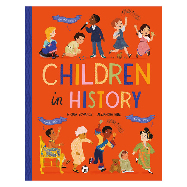 Book cover for Children in History, featuring diverse children from different eras and cultures on an orange background.