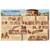 Illustration of the multi-level underground city of Derinkuyu in Turkey with people and animals in various rooms.