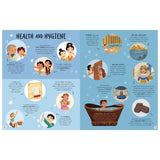 Educational book spread about historical health and hygiene practices with colorful illustrations and facts.