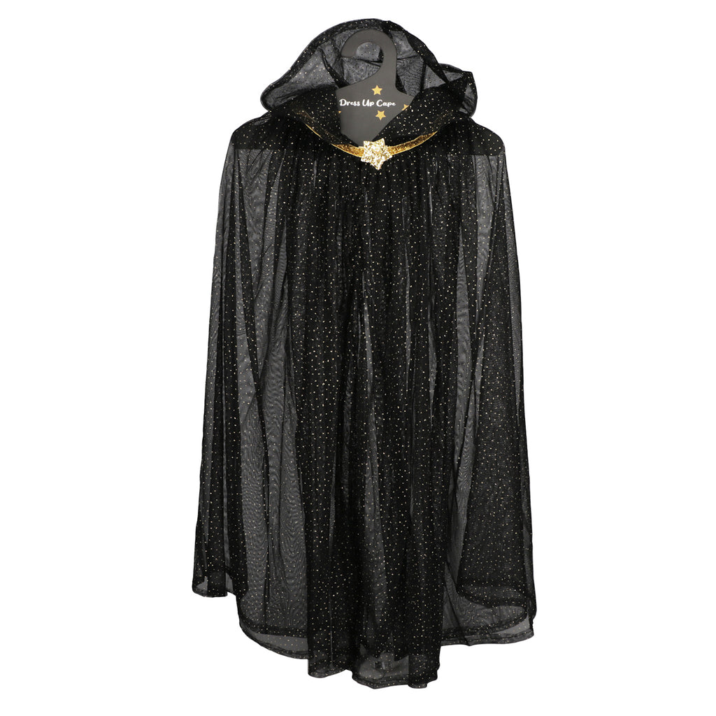 Black sheer cape with gold star clasp, adorned with subtle shimmering dots. It has a hood, evoking a magical and mystical tone.