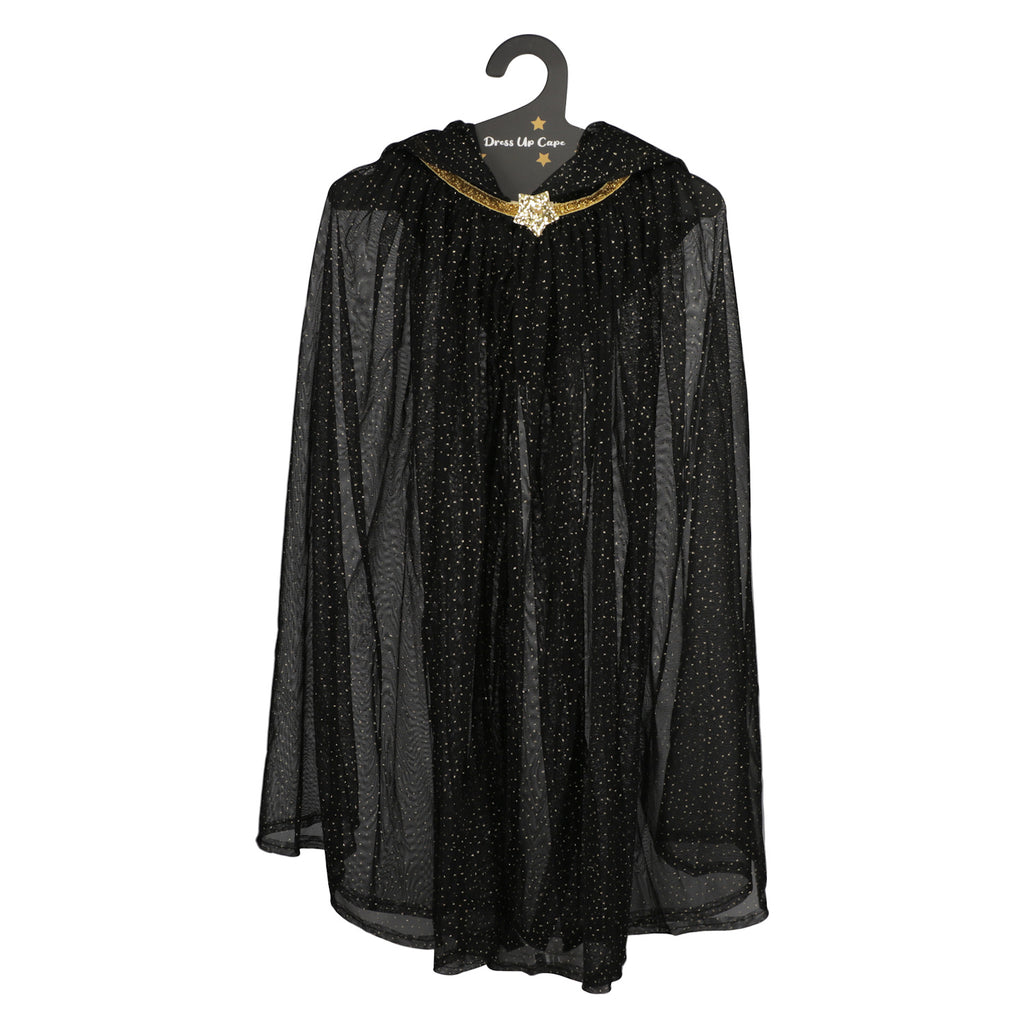 Black sheer cape with gold star clasp, adorned with subtle shimmering dots. It has a hood, evoking a magical and mystical tone.